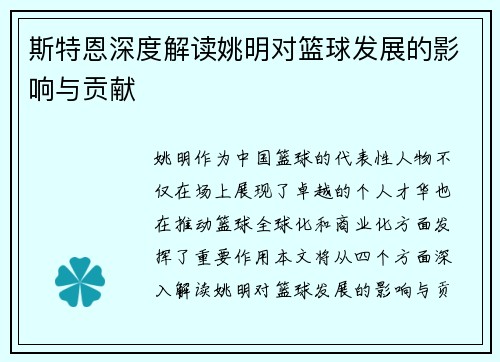 斯特恩深度解读姚明对篮球发展的影响与贡献